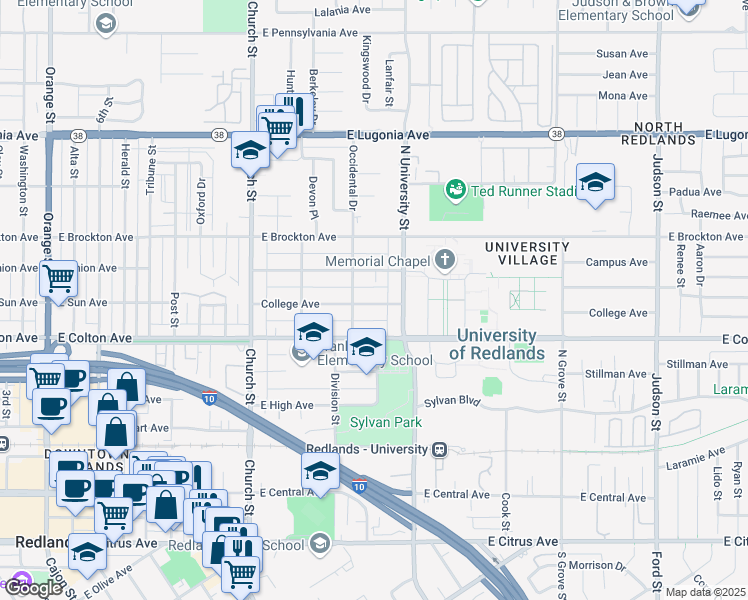 map of restaurants, bars, coffee shops, grocery stores, and more near 1019 College Avenue in Redlands