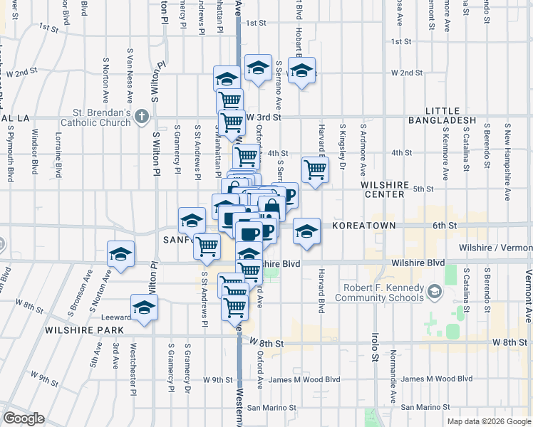 map of restaurants, bars, coffee shops, grocery stores, and more near 538 South Oxford Avenue in Los Angeles
