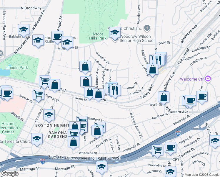 map of restaurants, bars, coffee shops, grocery stores, and more near Abner Street in Los Angeles