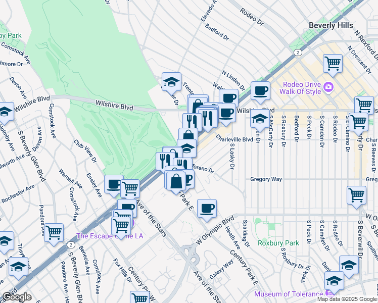 map of restaurants, bars, coffee shops, grocery stores, and more near 9973 Santa Monica Boulevard in Beverly Hills