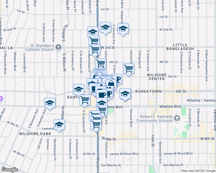 map of restaurants, bars, coffee shops, grocery stores, and more near 3900 West 6th Street in Los Angeles