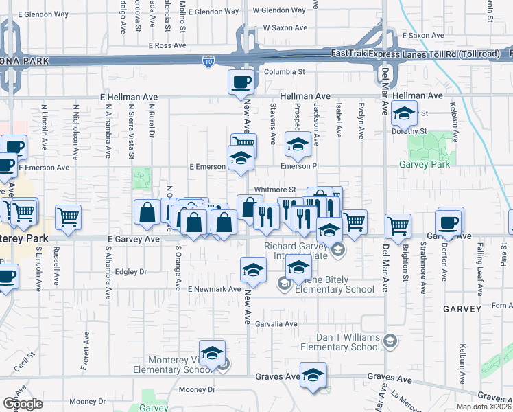 map of restaurants, bars, coffee shops, grocery stores, and more near 126 North New Avenue in Monterey Park