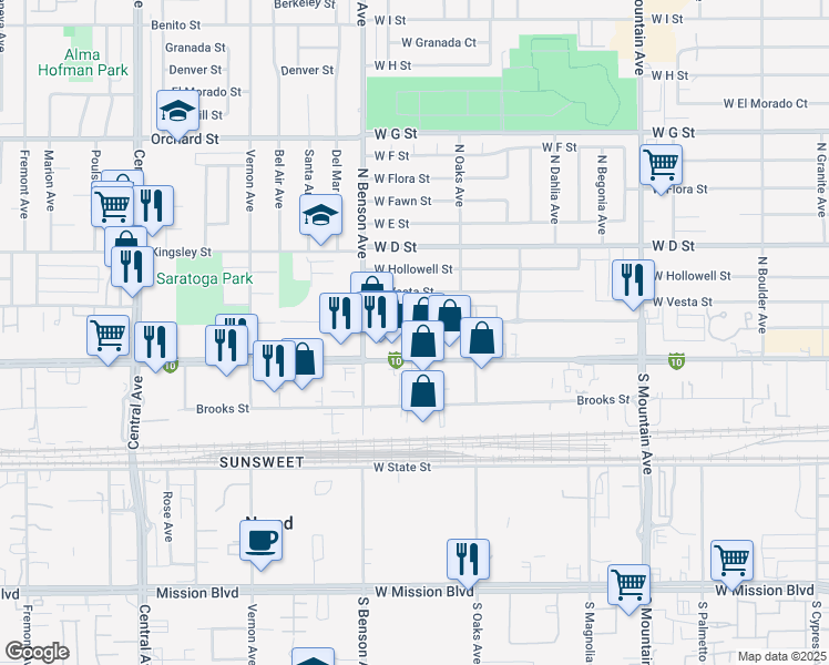 map of restaurants, bars, coffee shops, grocery stores, and more near 1455 West Stoneridge Court in Ontario
