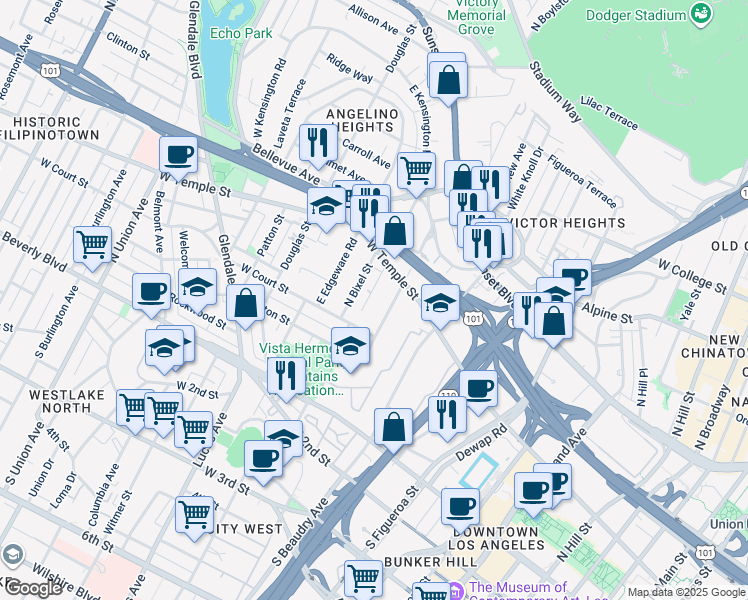 map of restaurants, bars, coffee shops, grocery stores, and more near 340 Firmin Street in Los Angeles
