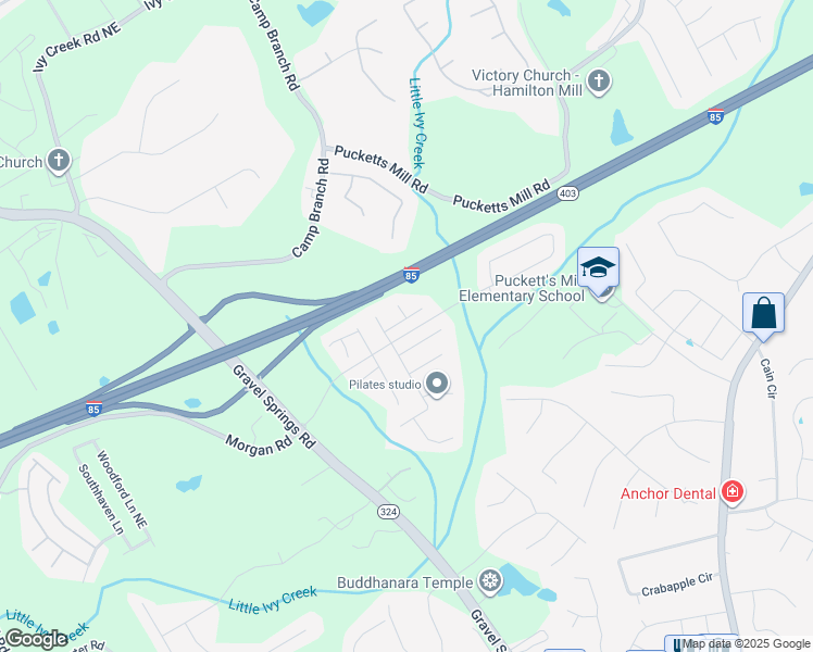 map of restaurants, bars, coffee shops, grocery stores, and more near 2707 Morgan Glen Road Northeast in Buford