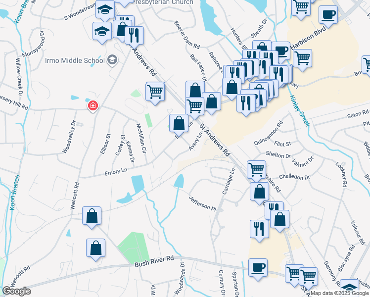 map of restaurants, bars, coffee shops, grocery stores, and more near 205 Avery Lane in Columbia