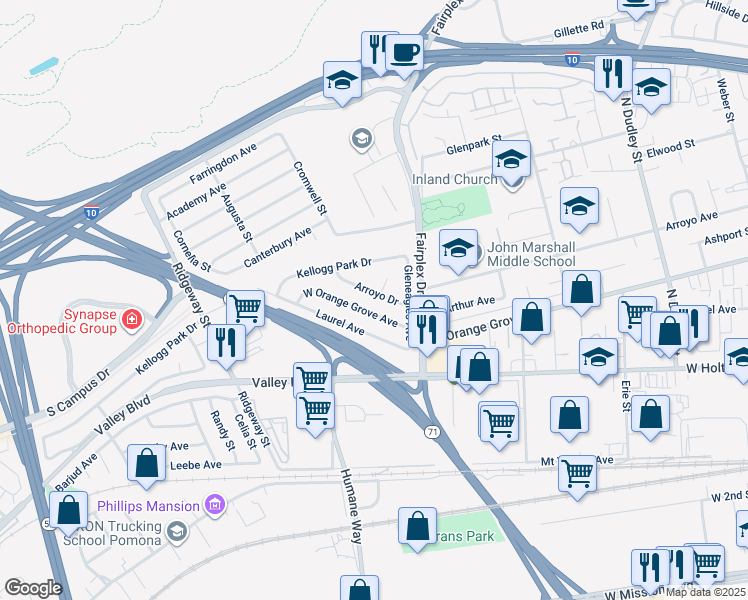 map of restaurants, bars, coffee shops, grocery stores, and more near 2140 Arroyo Drive in Pomona