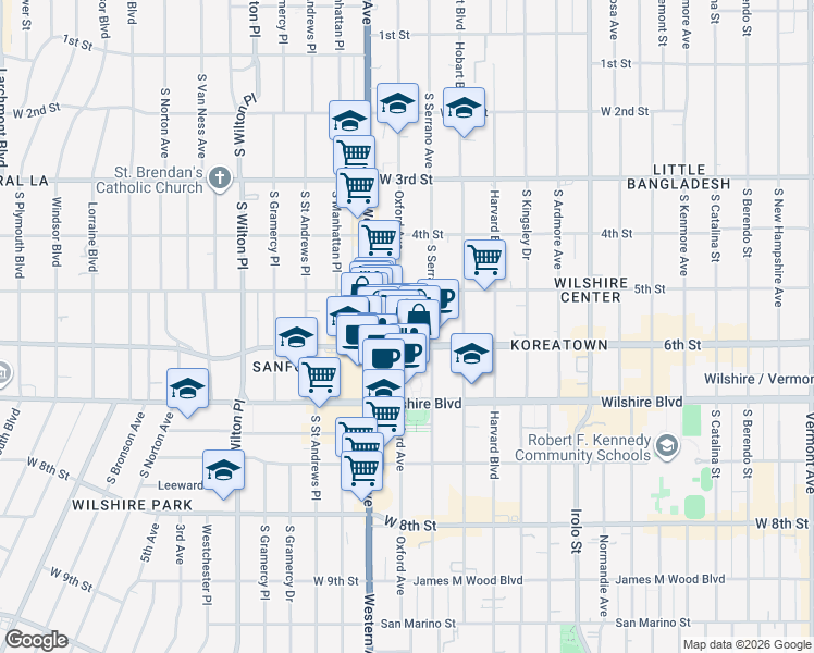 map of restaurants, bars, coffee shops, grocery stores, and more near 538 South Oxford Avenue in Los Angeles