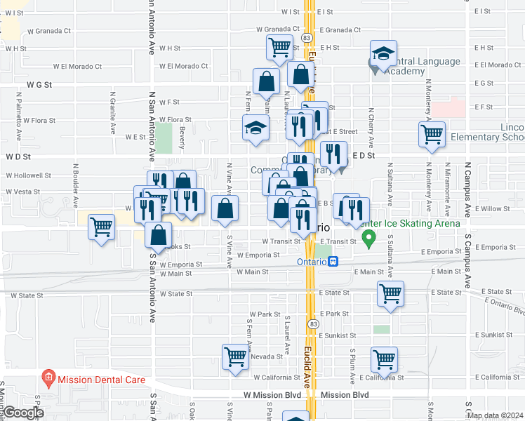 map of restaurants, bars, coffee shops, grocery stores, and more near 316 West Holt Boulevard in Ontario