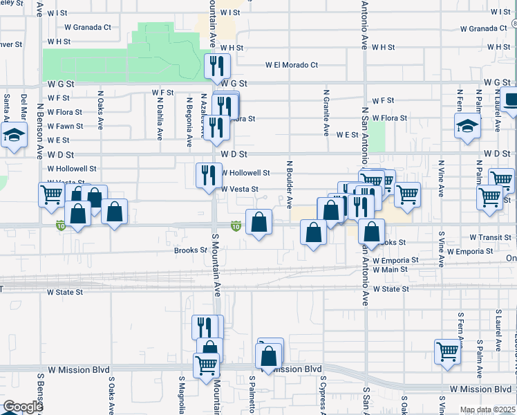 map of restaurants, bars, coffee shops, grocery stores, and more near 964 West Holt Boulevard in Ontario