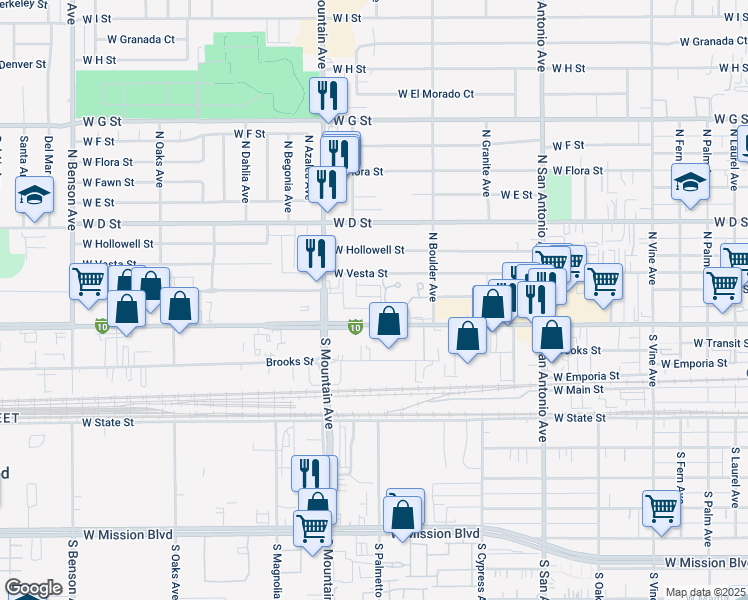map of restaurants, bars, coffee shops, grocery stores, and more near 964 West Holt Boulevard in Ontario