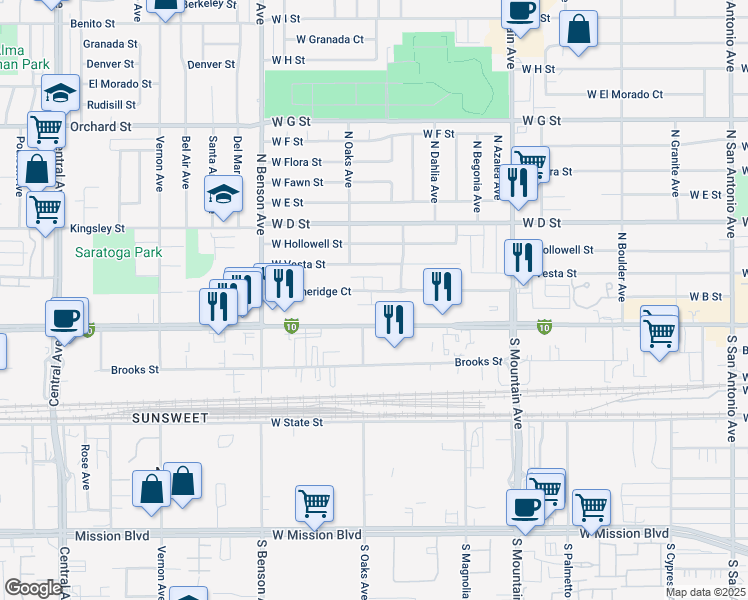map of restaurants, bars, coffee shops, grocery stores, and more near 1360 West Holt Boulevard in Ontario
