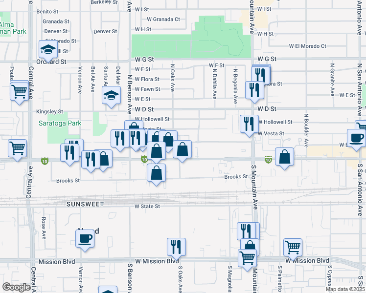 map of restaurants, bars, coffee shops, grocery stores, and more near 1360 West Holt Boulevard in Ontario