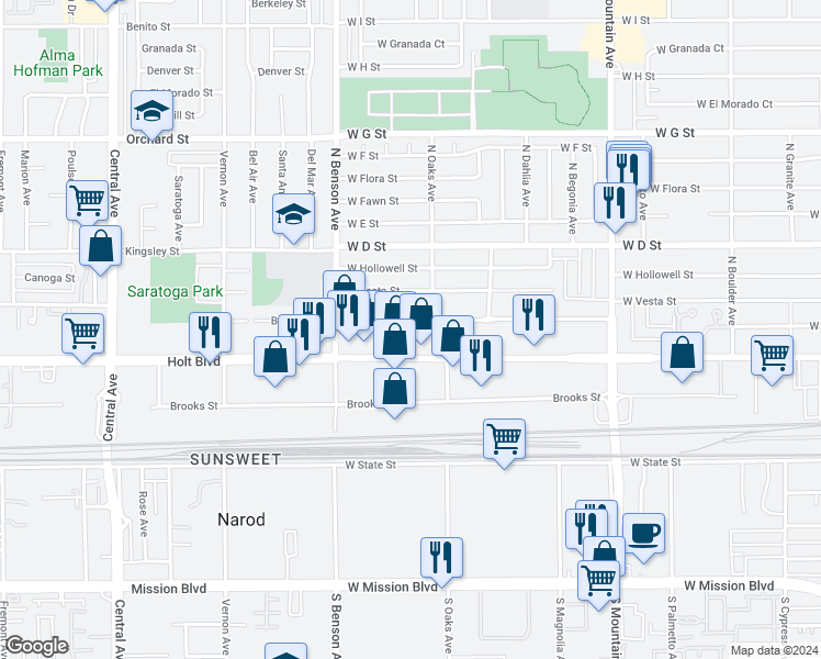 map of restaurants, bars, coffee shops, grocery stores, and more near 1424 West Holt Boulevard in Ontario
