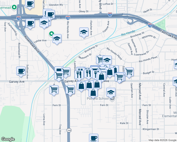 map of restaurants, bars, coffee shops, grocery stores, and more near 9571 Garvey Avenue in South El Monte
