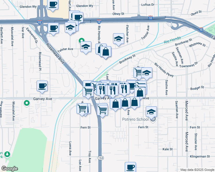 map of restaurants, bars, coffee shops, grocery stores, and more near 3025 Lashbrook Avenue in South El Monte