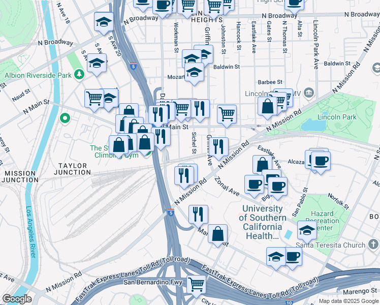 map of restaurants, bars, coffee shops, grocery stores, and more near 1773 Sichel Street in Los Angeles
