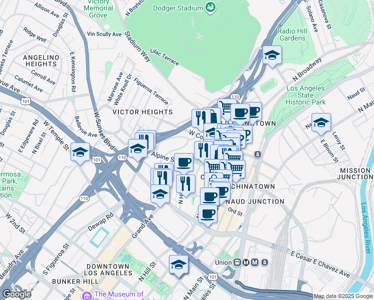 map of restaurants, bars, coffee shops, grocery stores, and more near 630 Alpine Street in Los Angeles