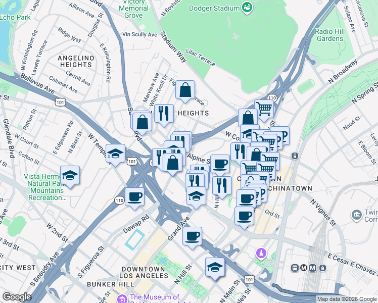 map of restaurants, bars, coffee shops, grocery stores, and more near 820 Alpine Street in Los Angeles