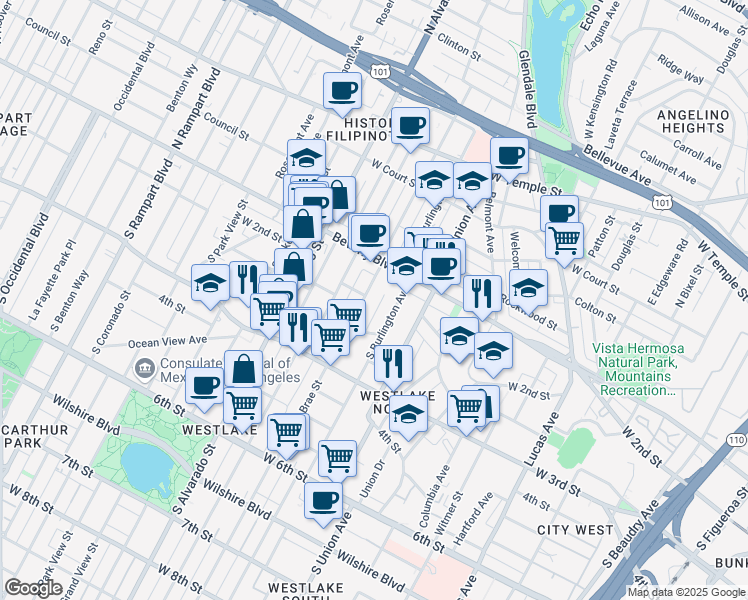 map of restaurants, bars, coffee shops, grocery stores, and more near 157 South Burlington Avenue in Los Angeles