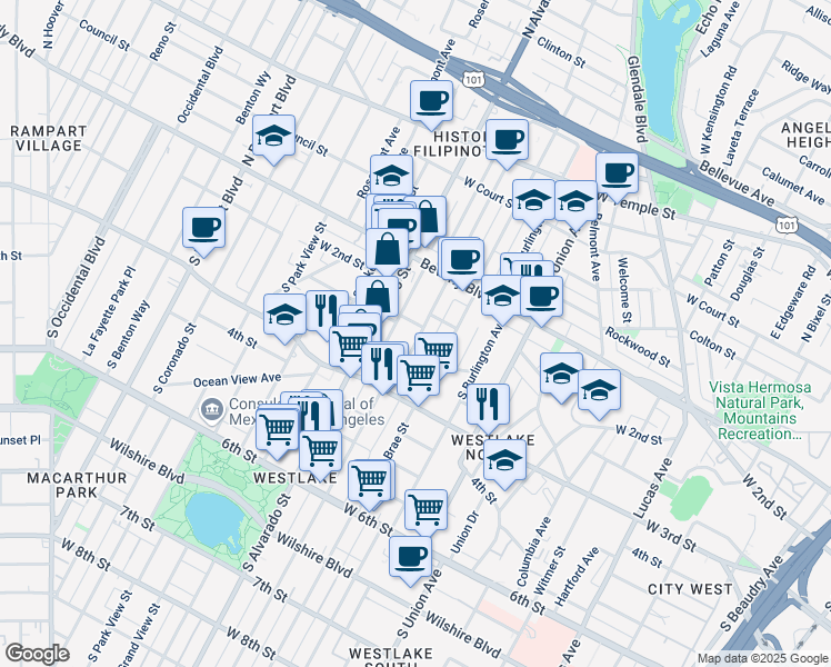 map of restaurants, bars, coffee shops, grocery stores, and more near 257 South Westlake Avenue in Los Angeles