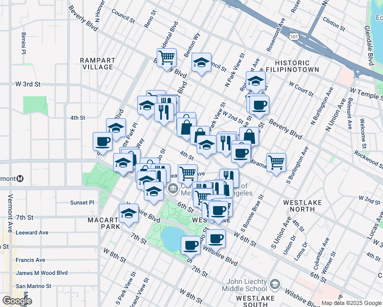 map of restaurants, bars, coffee shops, grocery stores, and more near 412 South Park View Street in Los Angeles