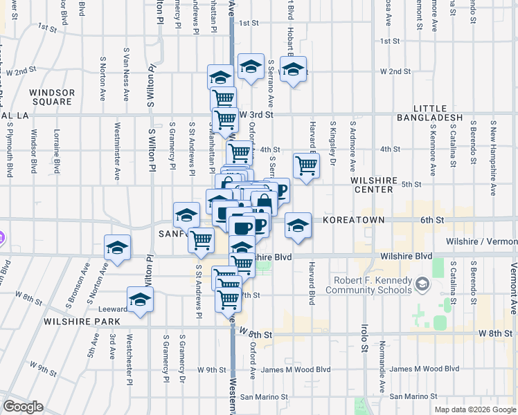 map of restaurants, bars, coffee shops, grocery stores, and more near 3900 West 6th Street in Los Angeles