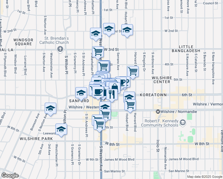 map of restaurants, bars, coffee shops, grocery stores, and more near 3900 West 6th Street in Los Angeles