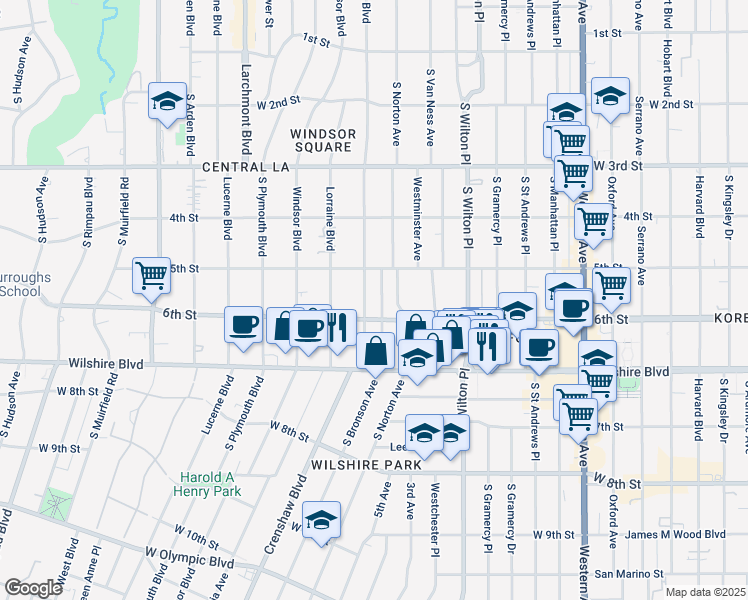 map of restaurants, bars, coffee shops, grocery stores, and more near 554s South Irving Boulevard in Los Angeles