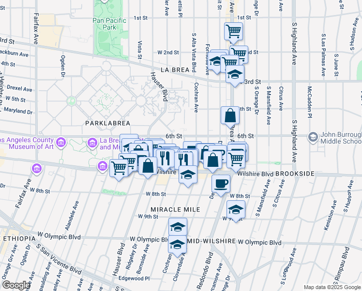 map of restaurants, bars, coffee shops, grocery stores, and more near 645 South Dunsmuir Avenue in Los Angeles