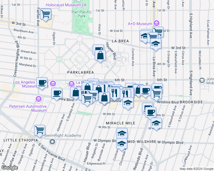 map of restaurants, bars, coffee shops, grocery stores, and more near 644 1/2 Hauser Boulevard in Los Angeles
