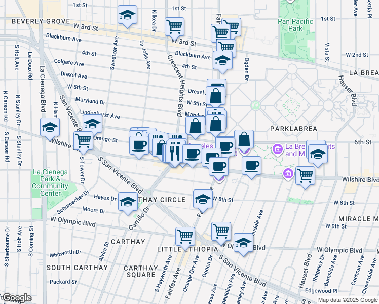 map of restaurants, bars, coffee shops, grocery stores, and more near 6205 Wilshire Boulevard in Los Angeles