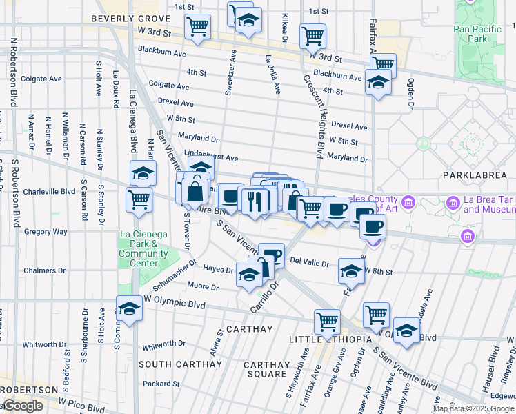 map of restaurants, bars, coffee shops, grocery stores, and more near 6380 Wilshire Boulevard in Los Angeles