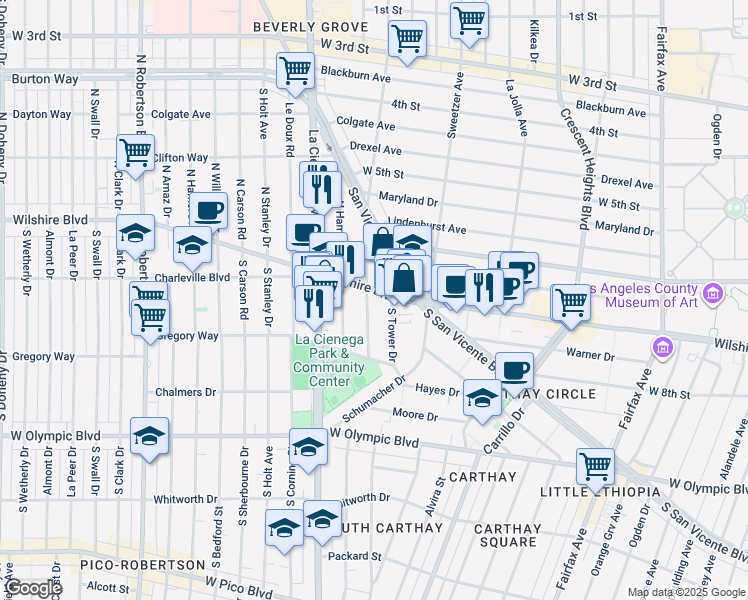 map of restaurants, bars, coffee shops, grocery stores, and more near 218 South Gale Drive in Beverly Hills