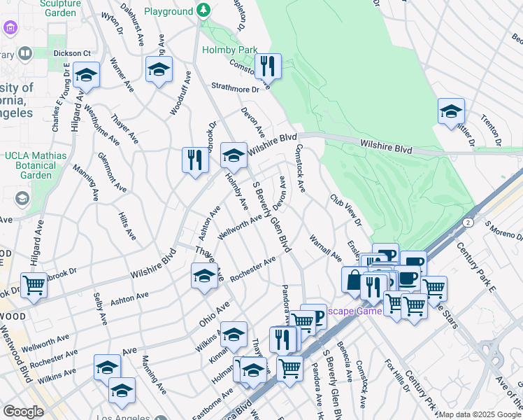 map of restaurants, bars, coffee shops, grocery stores, and more near 1306 Holmby Avenue in Los Angeles