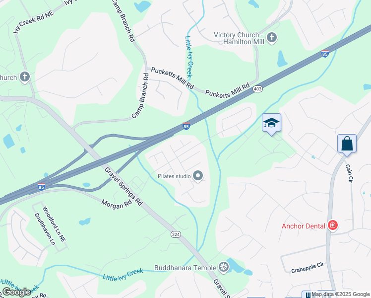 map of restaurants, bars, coffee shops, grocery stores, and more near 2727 Morgan Glen Road Northeast in Buford