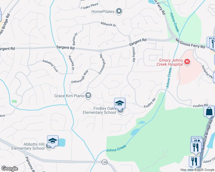 map of restaurants, bars, coffee shops, grocery stores, and more near 11735 Bentham Court in Alpharetta