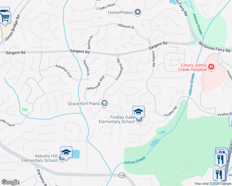 map of restaurants, bars, coffee shops, grocery stores, and more near 5815 Haterleigh Drive in Alpharetta