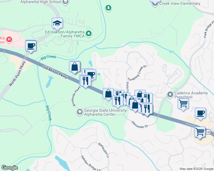 map of restaurants, bars, coffee shops, grocery stores, and more near 4006 Camden Way in Alpharetta
