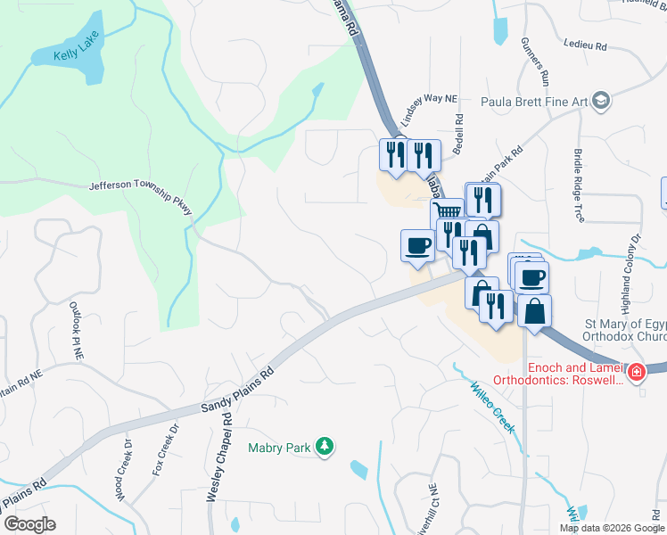 map of restaurants, bars, coffee shops, grocery stores, and more near 4657 Jefferson Township Place in Marietta