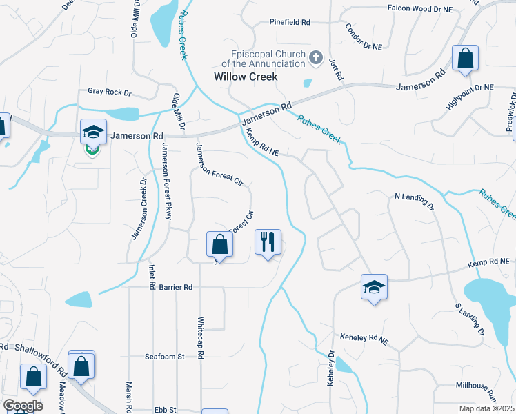 map of restaurants, bars, coffee shops, grocery stores, and more near 4762 Jamerson Forest Circle in Marietta