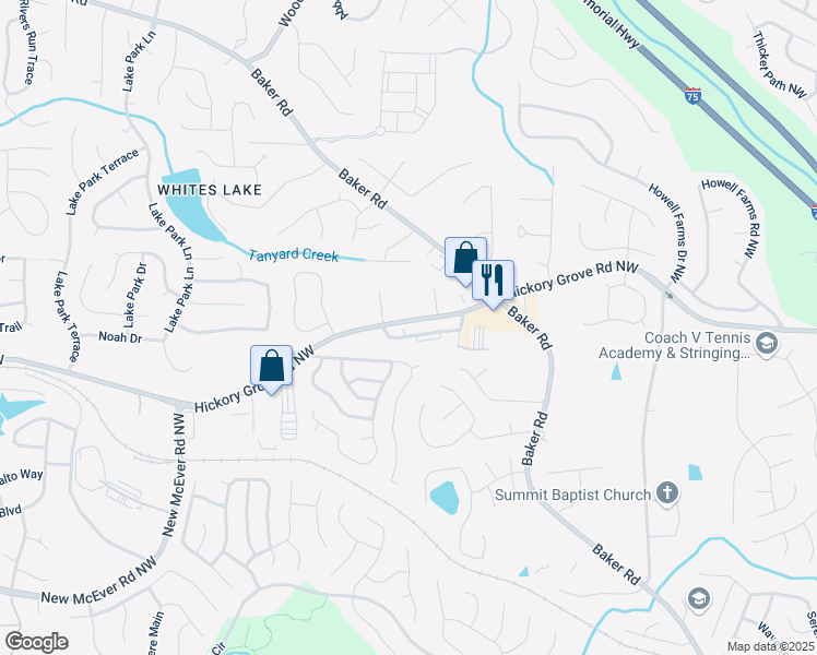 map of restaurants, bars, coffee shops, grocery stores, and more near 2599 Willow Grove Road in Acworth