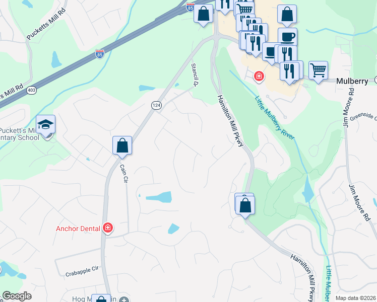 map of restaurants, bars, coffee shops, grocery stores, and more near 3215 Mary Todd Lane in Dacula