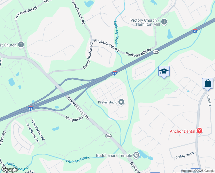 map of restaurants, bars, coffee shops, grocery stores, and more near 2390 Morgan Glen Road Northeast in Buford