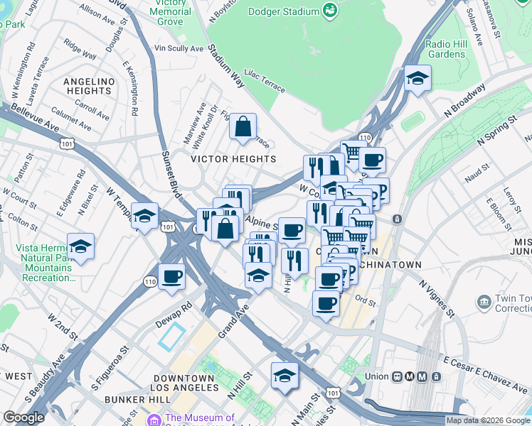 map of restaurants, bars, coffee shops, grocery stores, and more near 811 North Bunker Hill Avenue in Los Angeles