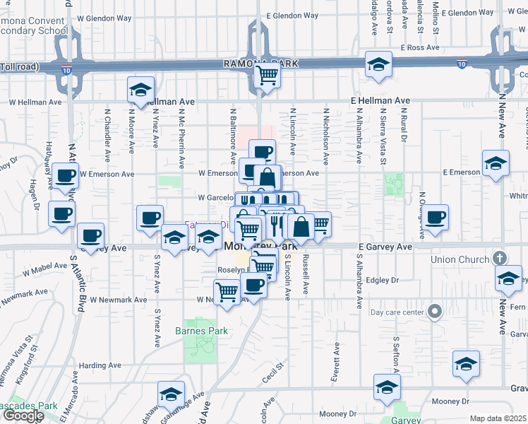 map of restaurants, bars, coffee shops, grocery stores, and more near 124 North Garfield Avenue in Monterey Park