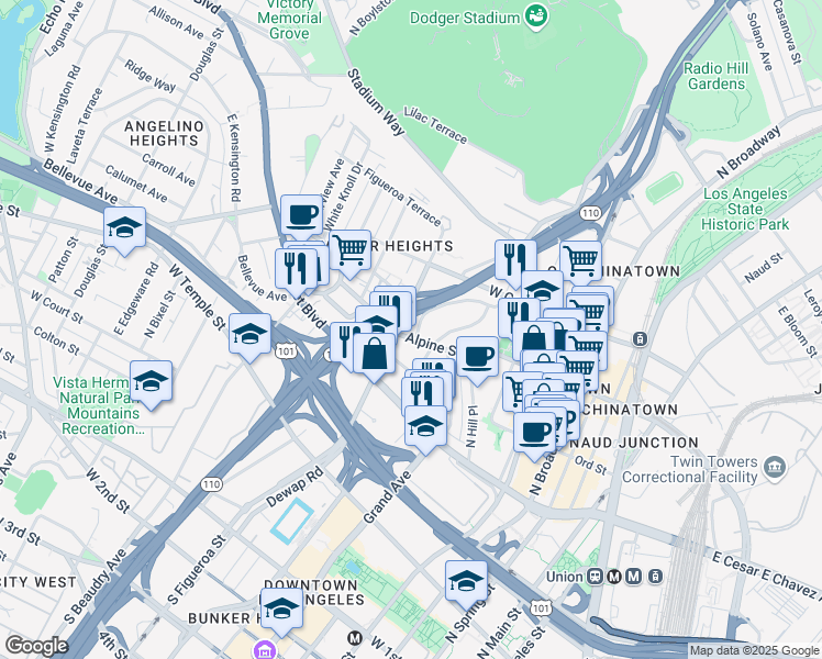 map of restaurants, bars, coffee shops, grocery stores, and more near 829 Alpine Street in Los Angeles