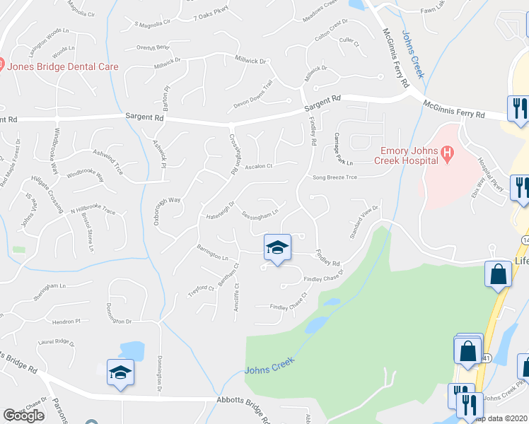 map of restaurants, bars, coffee shops, grocery stores, and more near 170 Sessingham Lane in Alpharetta