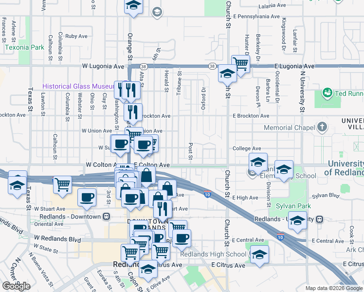 map of restaurants, bars, coffee shops, grocery stores, and more near 823 Tribune Street in Redlands