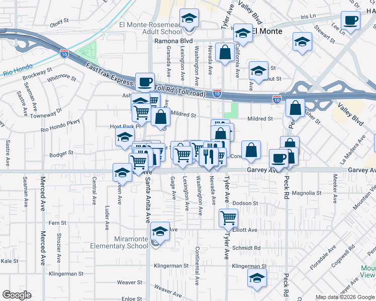 map of restaurants, bars, coffee shops, grocery stores, and more near 3023 Lexington Avenue in El Monte